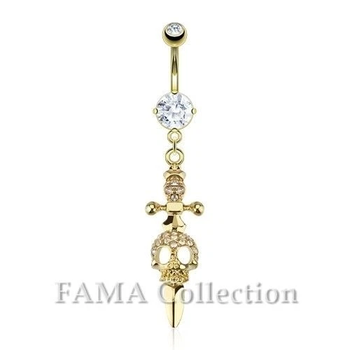FAMA Skull Dagger Paved Multi Gem Dangle 14kt Gold Plated Navel Belly Ring