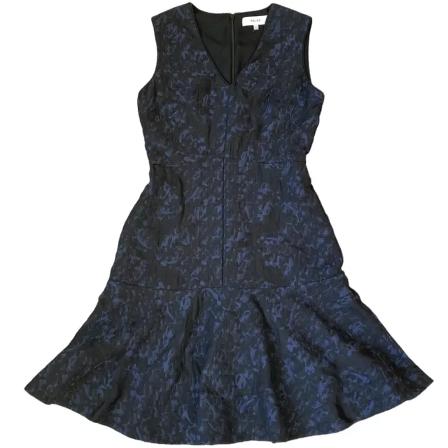 Reiss Saffy Jacquard Fit & Flare Dress Women's Sz 4 V-Neck Navy Blue Sleeveless