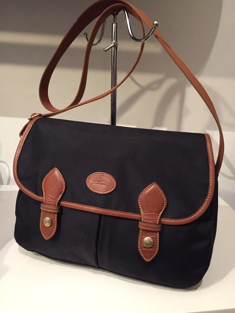 SAC A BANDOULIERE Longchamp Besace Toile Noir Garni Cuir Marron