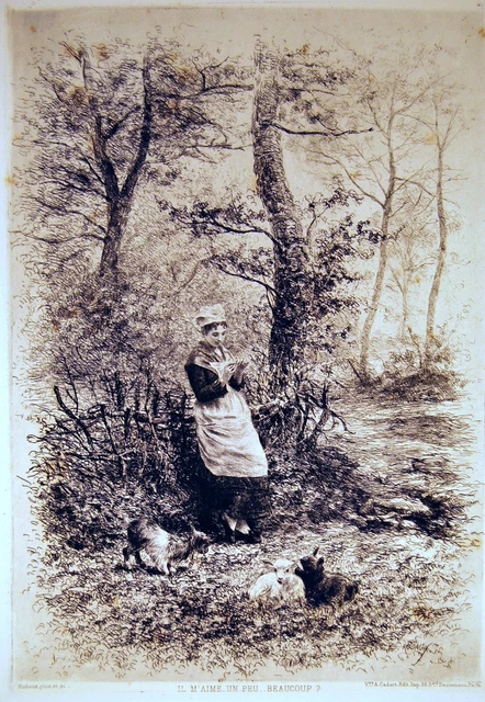 Gravure Ancienne XIXe Siècle RUDAUX – Scène De Chasse Avec Chasseur, Chien Et Femme – Estampe Originale
