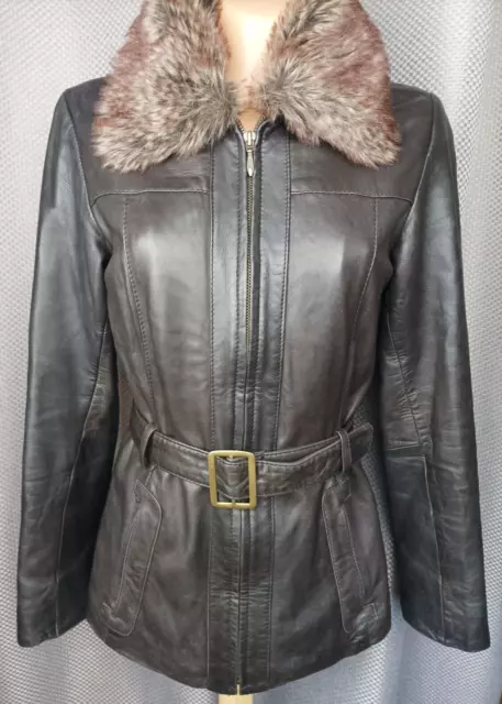 Women's Camaieu Brown Very Soft Leather Jacket Fur Collar Zip Size EU 36 UK 8