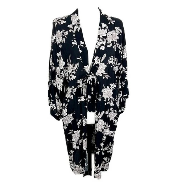 Spiritual Gangster Robe Women One Size Black Floral All Over Print Tie Waist