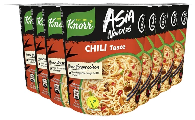 Pasta istantanea Knorr Asia Noodles tasto peperoncino piatto pasta 8 x 65 g NUOVO MHD 11/23