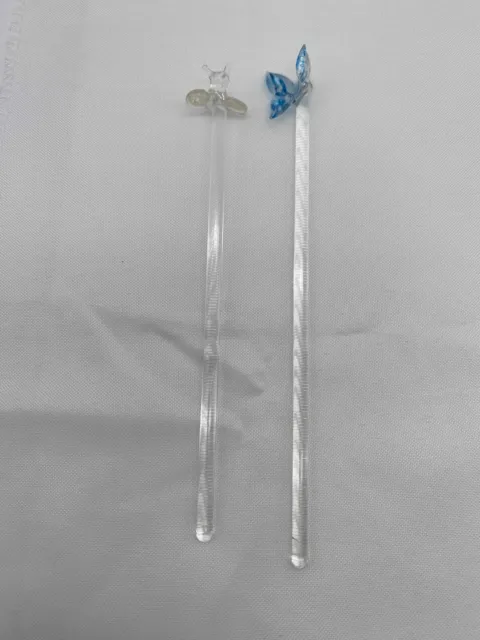 Set of 2 Glass Swizzle Sticks Blue Butterfly & Clear Bee 6.5"