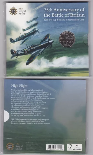 Sealed 2015 Bu The Battle Of Britain 50 Pence Coin In Royal Mint Card Pack.