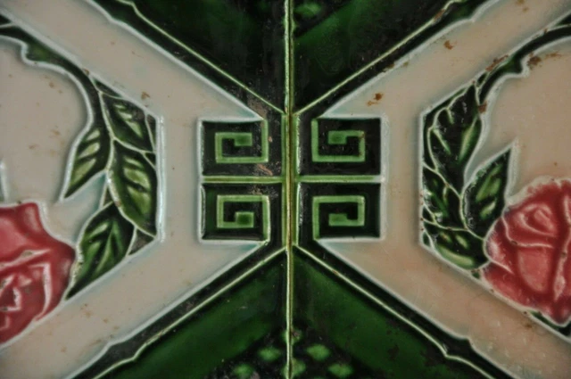 2 Pc Vintage F.M Fish Mark Rose Flower Embossed Ceramic Tiles,Japan 2