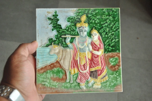 Vintage Lord Krishna & Radha Figurine Colorful Ceramic Tile, Japan? 2