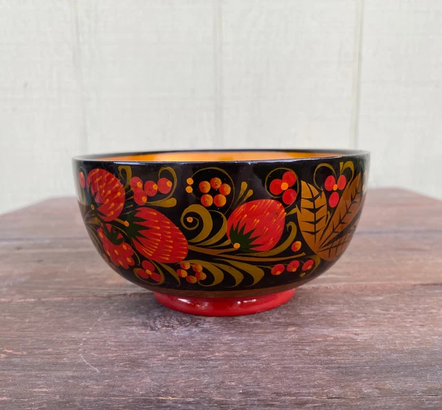 VINTAGE RUSSIAN USSR Khokhloma Lacquer Hand Painted Wood Bowl Gold Red