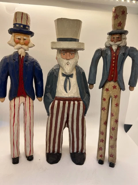 Wood Carved UNCLE SAM Standing Figures Jointed Arms Primitive Folk Art set of 3