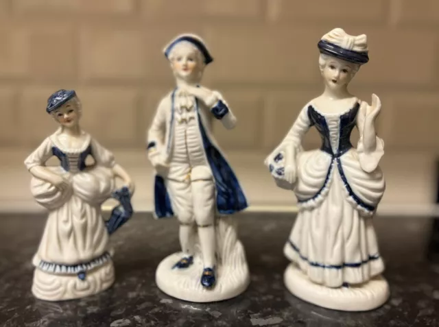 Vintage Set Of 3 Hand Painted Glazed Blue & White China Victorian Figurines