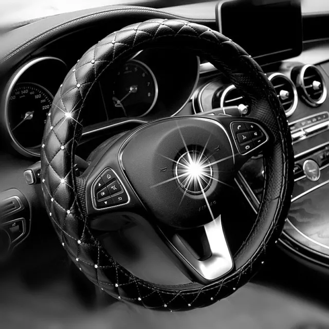 Universal 38cm Car Steering Wheel Cover Bling Rhinestones Crystal Soft Leather