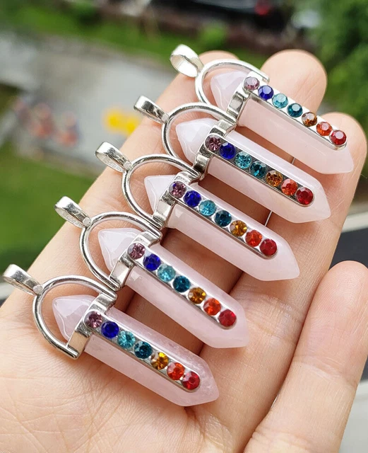 5pcs Rose Quartz Gems Hexagon 7 Chakra Pendants Reiki Healing Amulet