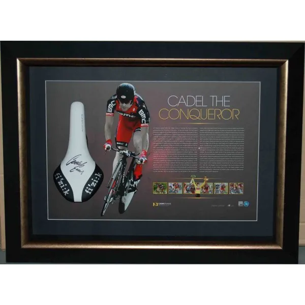 Cadel Evans Signed And Framed Tour De France Racing Bike Seat 'The Conquerer'