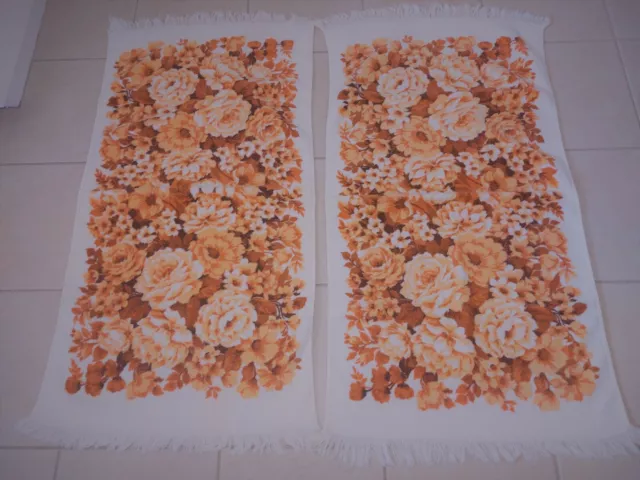 Vtg Pair Retro MCM Kitsch Bath Towels 100% Cotton Orange Floral Excellent Unused