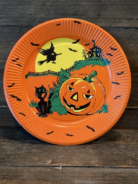 Vintage Halloween Paper Plate JOL Witch Black Cat Haunted House 6 7/8” SPOOKY