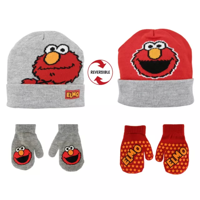 Sesame Street Elmo Reversible Winter Beanie Hat and Mittens Set,  Boys Ages 2-4