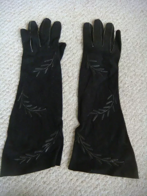 Vintage 1950's/60's Long Black Leather & Suede Opera/Evening Gloves Size 7.5