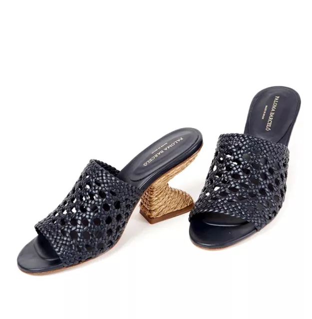 PALOMA BARCELO $405 Runny Woven Leather Espadrille Heel Sandals Navy EU 36/ US 6