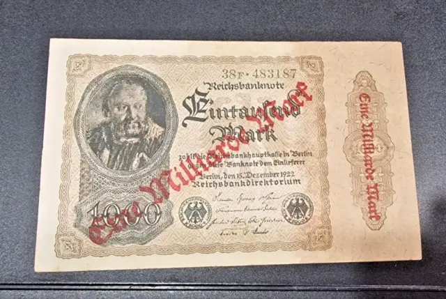 Reichsbanknote Eine Milliarde Mark auf Eintausend Mark 15 Dezember 1922 