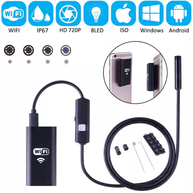 HD Waterproof Wifi Endoscope For iPhone Android Borescope Inspection 8LED Camera