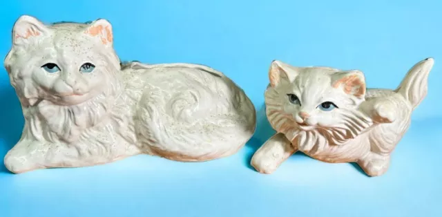 Vintage Set Of 2 Ceramic White Cats Statues 9” & 5” ~ Read Description