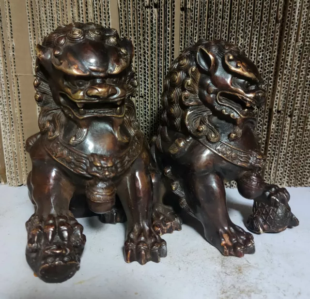Vintage old Bronze Lions Door Fengshui Guardion Fu Foo Dogs Lion Statue Pair