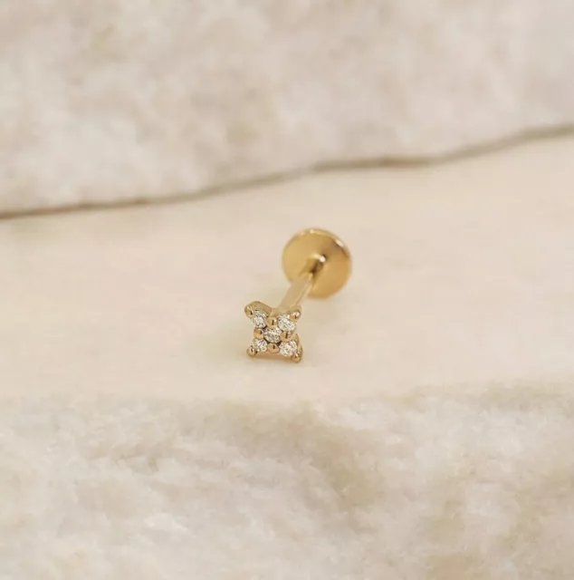 14K Solid Gold Diamant Blume Ohrstecker Nase / Ohr Gewinde Pin Piercing Schmuck