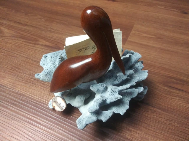 Vintage Don D. Saiber Hand Carved Wood Pelican On A Coral Base. # 709 Rare.