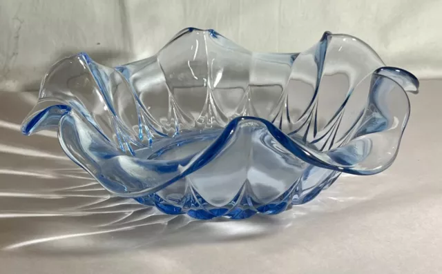 New Martinsville Light Blue Janice 12" Ruffled Top Fruit Bowl