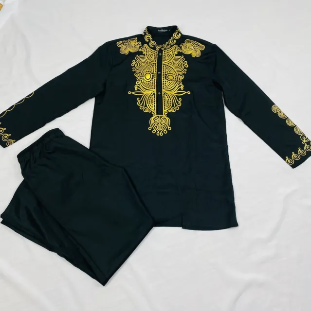 LucMatton African 2 Piece Set Long Sleeve Black Gold Print Dashiki and Pants L