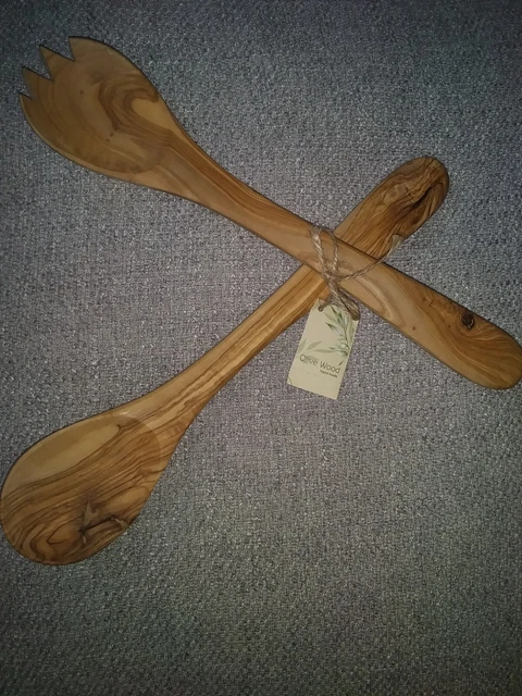 Tenedor Y Cuchara Para Ensalada De Madera De Oliva De Grecia, Nuevo Con Etiquetas