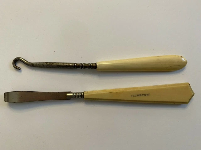 Antique French Ivory Sewing Button Hook Tweezers Vintage Old France C9