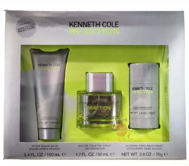 Kenneth Cole Reaction 3 PC Gift Set-1.7 oz EDT Spray+3.4 oz A/S/Balm+2.6 oz Deo