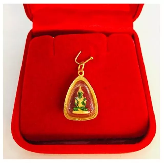 thai Amulet Emerald Buddha 18K Pendant Holy Auspicious Solid Real Gold Frame #90