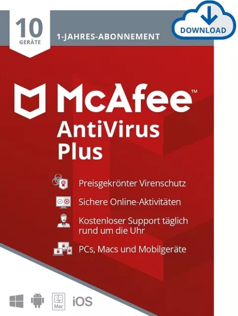 McAfee Antivirus Plus 2024 • 10 Geräte 1 Jahr Download • Email • Neu