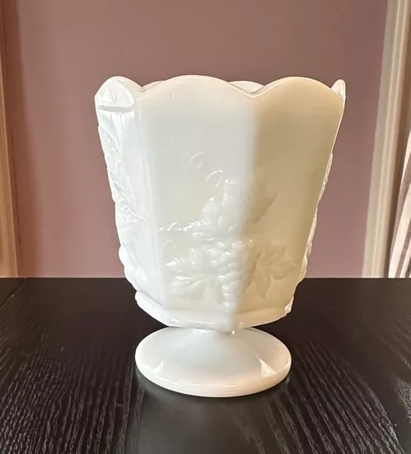 NAPCO White Milk Glass Pedestal Vase 1186 Embossed Grape & Cherries Vintage