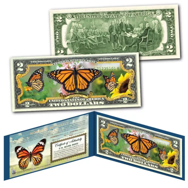 MONARCH BUTTERFLY Genuine Legal Tender Colorized U.S $2 Bill with Display & Cert