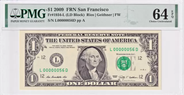 2009 $1 Federal Reserve Note PMG 64EPQ Low 2 Digit Serial #L00000056D