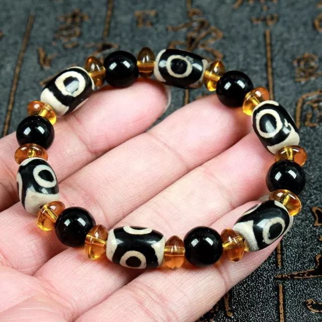 Energy Tibetan Old Agate Heaven&Earth Symbols Totem dZi Bead Bracelet Amulet AAA