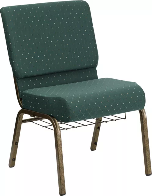 10 PACK 21'' Wide Green Dot Fabric Church Chair with Book Rack and Gold Frame