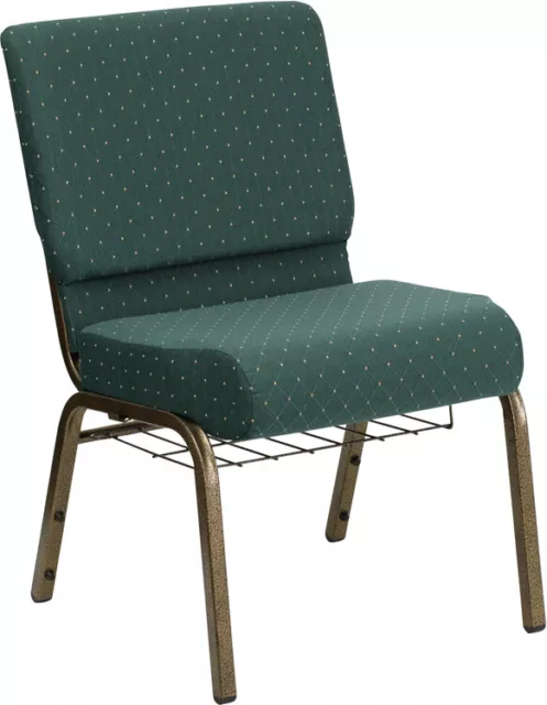 21'' Wide Green Dot Patterned Fabric Church Chair with Book Rack and Gold Frame