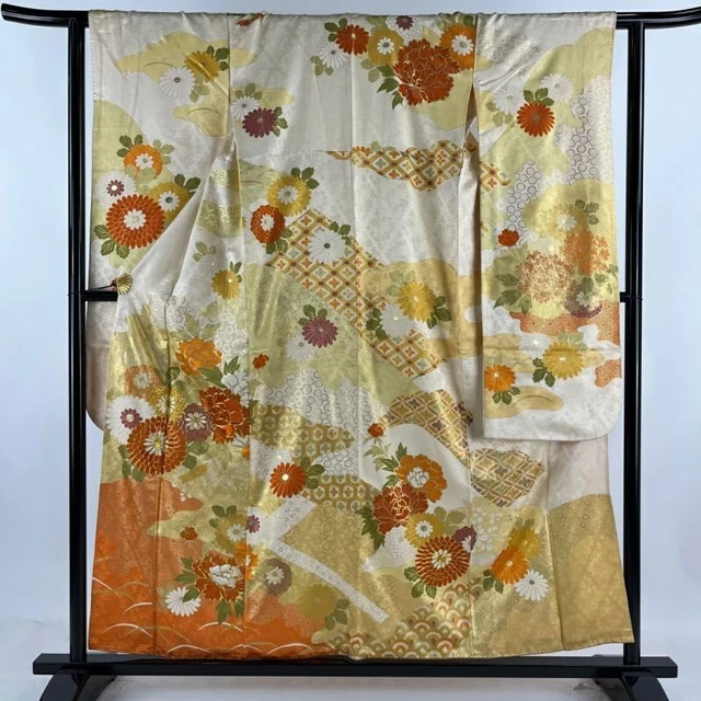 Japanese Kimono Furisode Pure Silk Flowers Haze Gold Thread Embroidery Cream