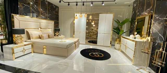 Chambre à Coucher Lit Table de Chevet Commode Miroir Penderie Bois Luxe Set 6tlg