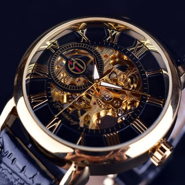 Luxury Mens Steampunk Skeleton Stainless Steel Mechanical Wrist Watch