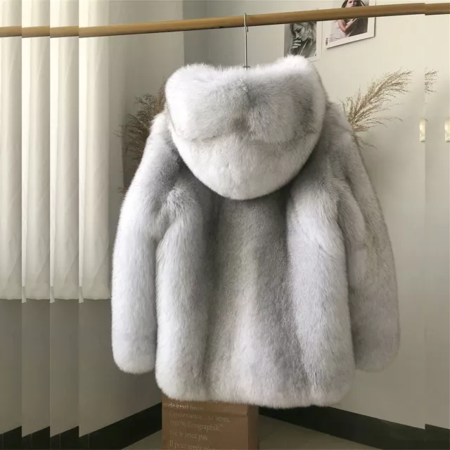 Mens Thick Warm Real Full Pelt Fox Fur Hood Coat Whole Skin Genuine Fur Jacket