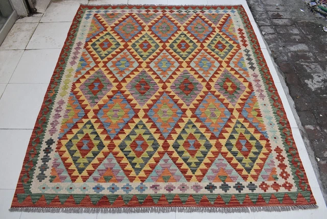 5'4 x 6'5 Handmade afghan tribal khotrang wool area kilim rug, 5x7 persian rug