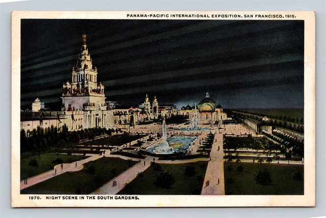 1915 PPIE Panama Pacific Exposition Night Scene In South Gardens Postcard