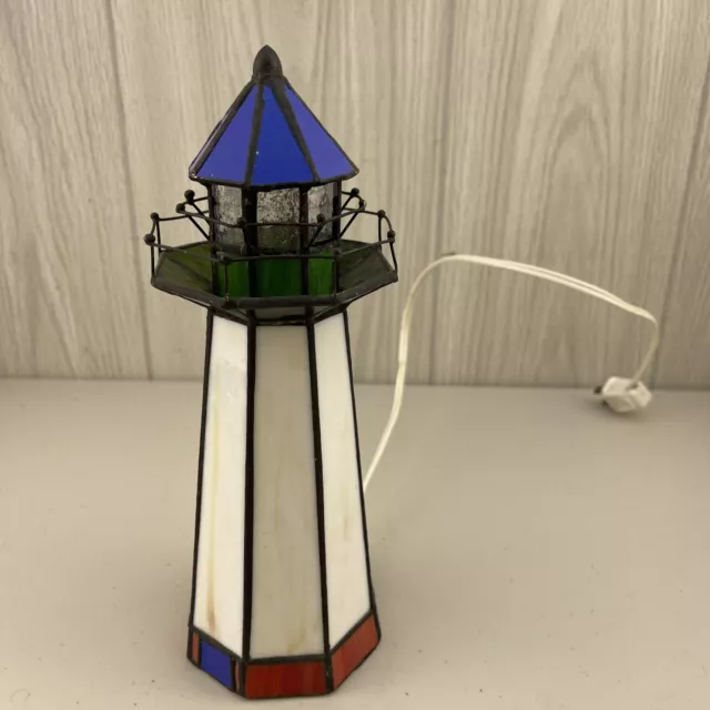 Vintage Stained Glass Tiffany Style Lighthouse Lamp 10" Tall Nautical Nightlight