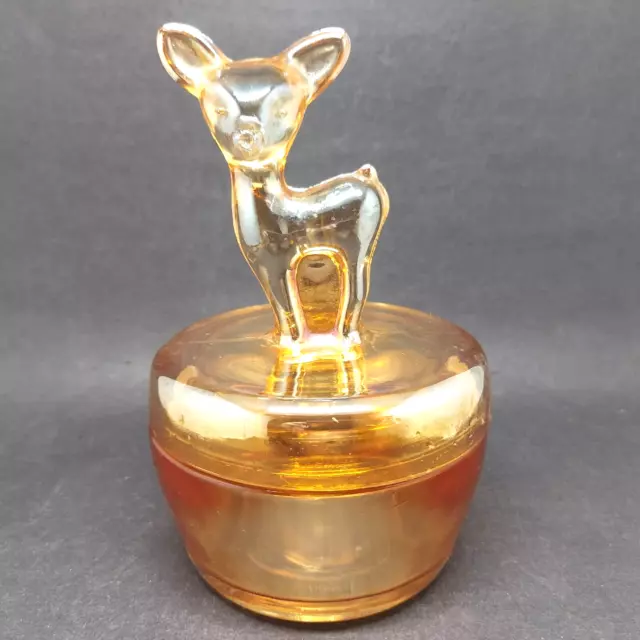 Vintage Jeanette Deer Fawn Marigold Carnival Glass Trinket Powder Dish Jar