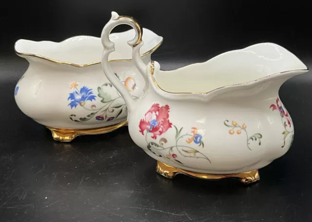 Royal Albert Low Creamer & Open Sugar Bowl Set Pink & Blue Flowers Gold Trim